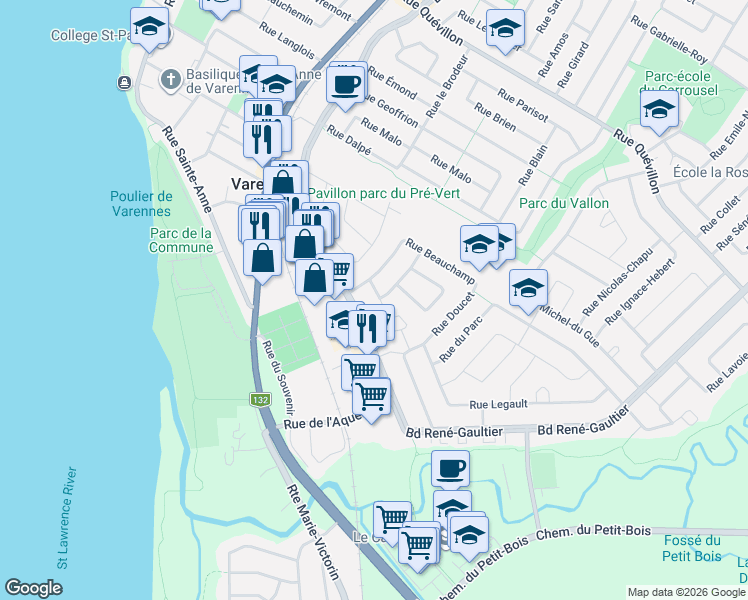 map of restaurants, bars, coffee shops, grocery stores, and more near 348 Rue de Martigny in Varennes