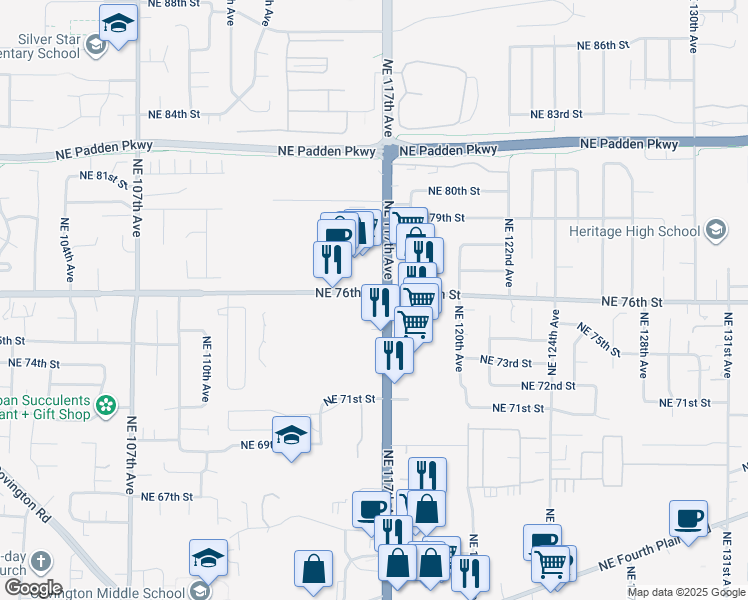 map of restaurants, bars, coffee shops, grocery stores, and more near 11609 Northeast 76th Street in Vancouver