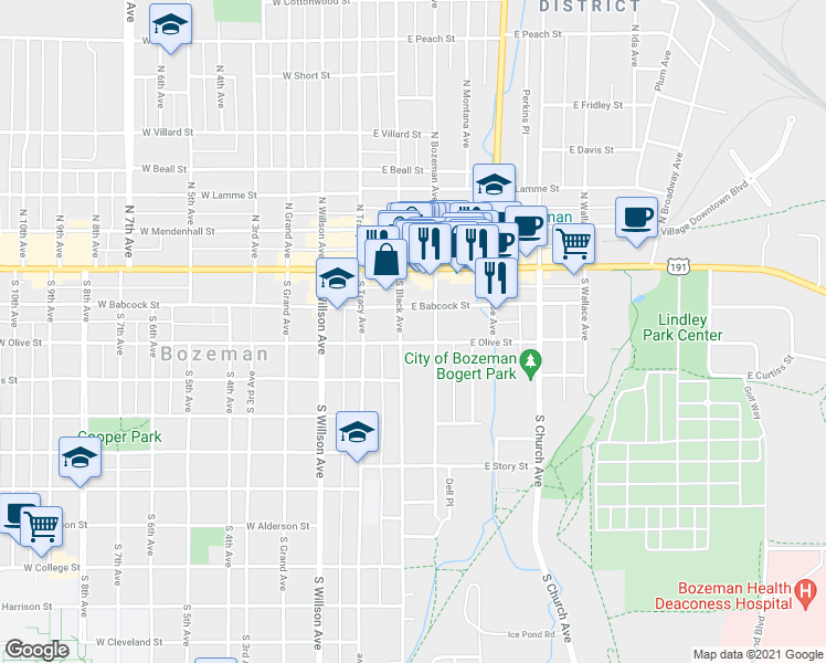 map of restaurants, bars, coffee shops, grocery stores, and more near 132 West Babcock Street in Bozeman