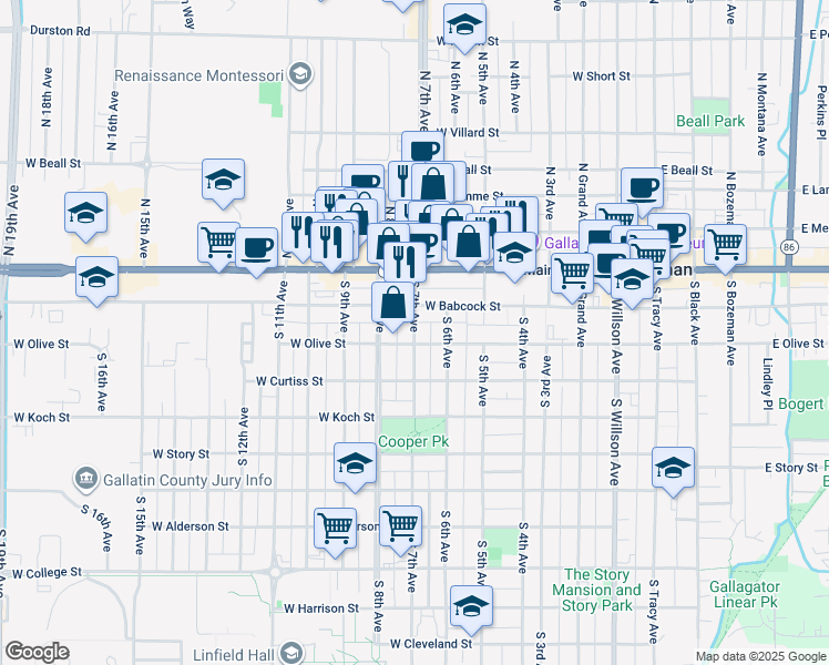 map of restaurants, bars, coffee shops, grocery stores, and more near 622 West Babcock Street in Bozeman