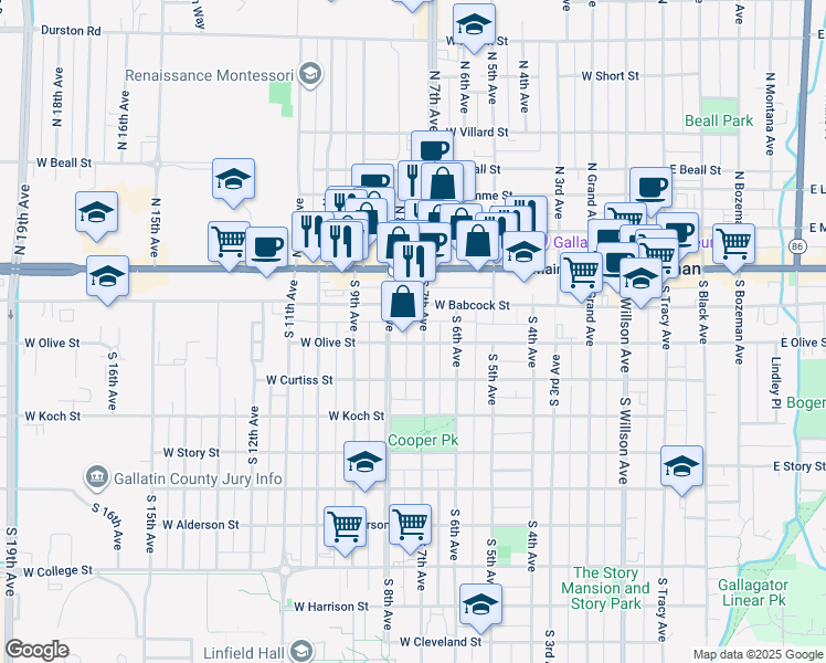 map of restaurants, bars, coffee shops, grocery stores, and more near 622 West Babcock Street in Bozeman