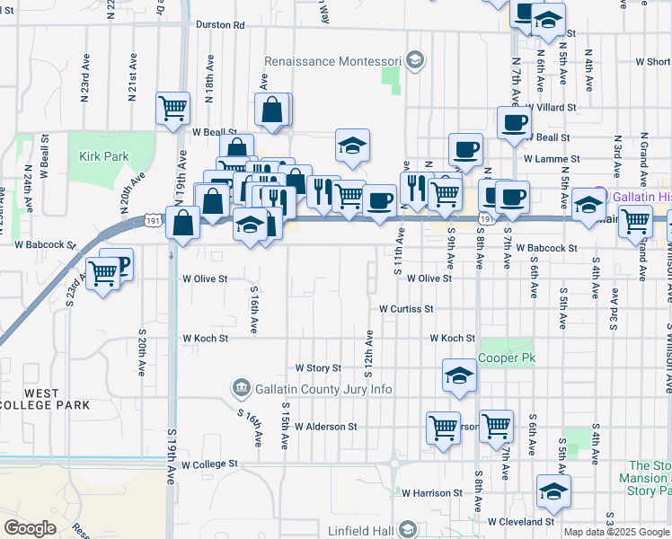 map of restaurants, bars, coffee shops, grocery stores, and more near 1328 West Babcock Street in Bozeman