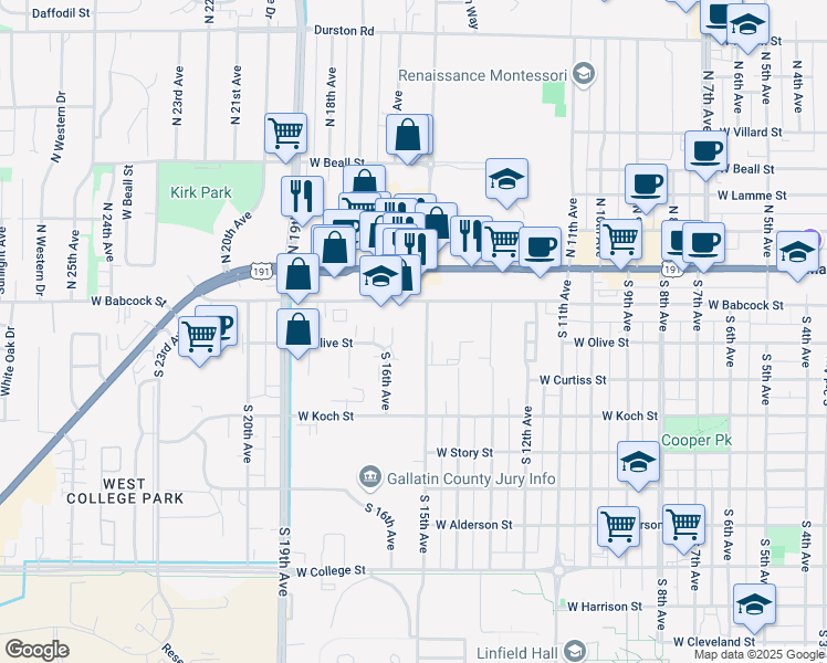 map of restaurants, bars, coffee shops, grocery stores, and more near 132 South 15th Avenue in Bozeman