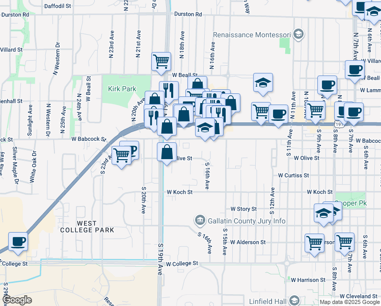 map of restaurants, bars, coffee shops, grocery stores, and more near 1704 West Babcock Street in Bozeman