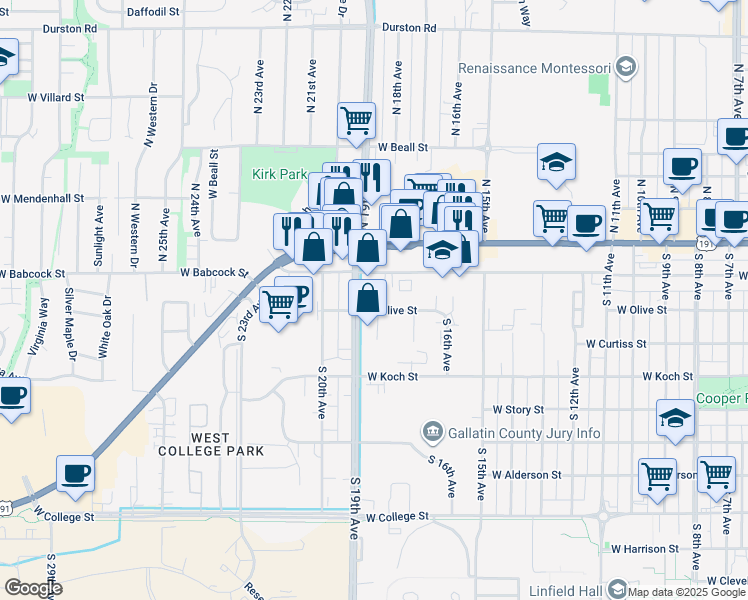 map of restaurants, bars, coffee shops, grocery stores, and more near 1804 W Babcock St in Bozeman