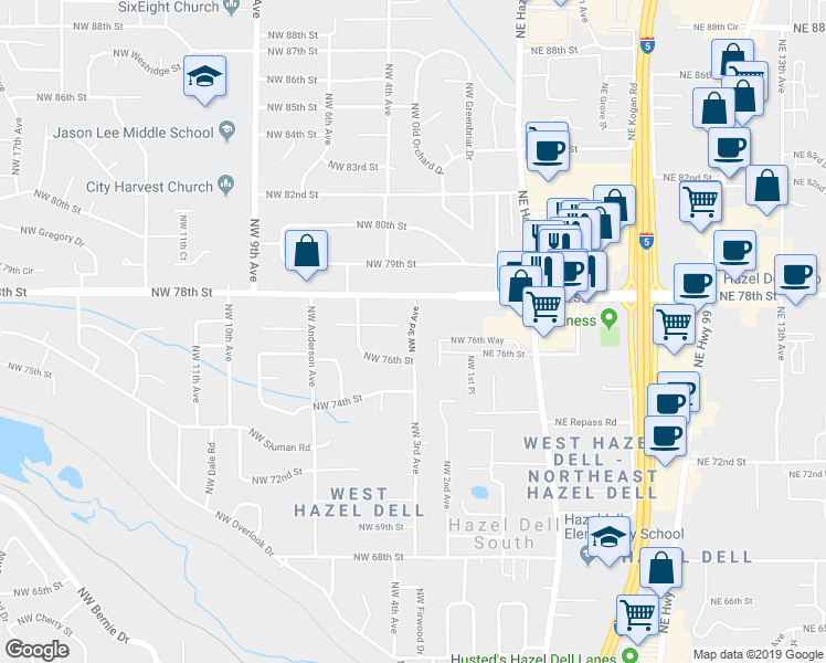map of restaurants, bars, coffee shops, grocery stores, and more near 215 Northwest 78th Street in Vancouver
