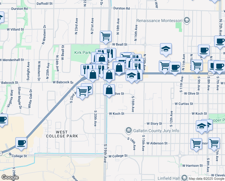 map of restaurants, bars, coffee shops, grocery stores, and more near 1801 West Olive Street in Bozeman