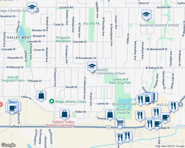 map of restaurants, bars, coffee shops, grocery stores, and more near 3600 West Babcock Street in Bozeman
