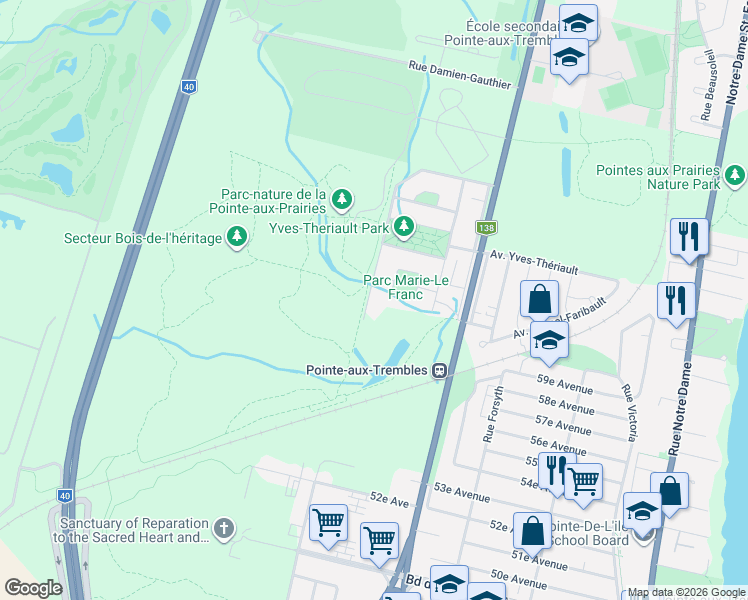 map of restaurants, bars, coffee shops, grocery stores, and more near 14552 Rue Jovette-Bernier in Montréal