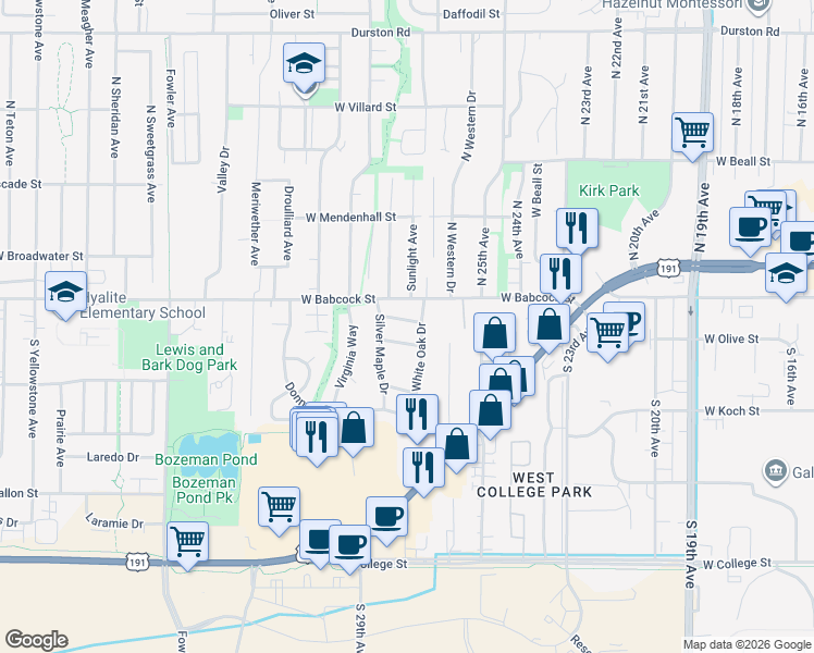 map of restaurants, bars, coffee shops, grocery stores, and more near 2718 Crab Tree Street in Bozeman