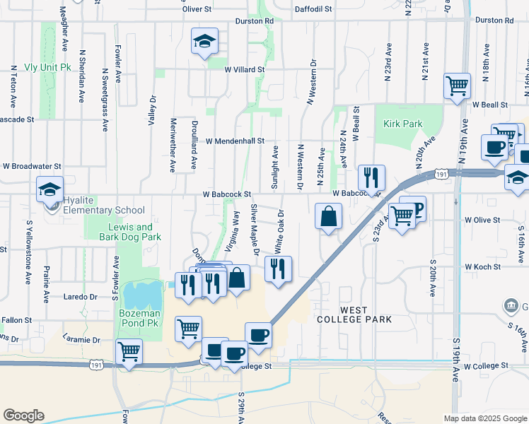 map of restaurants, bars, coffee shops, grocery stores, and more near 2734 Crab Tree Street in Bozeman