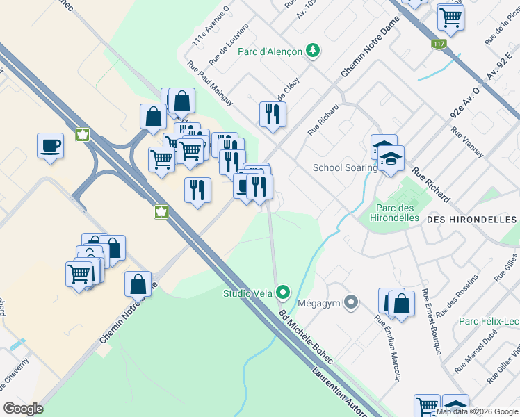 map of restaurants, bars, coffee shops, grocery stores, and more near 1321 Boulevard Michèle-Bohec in Blainville