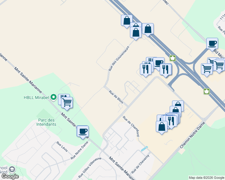 map of restaurants, bars, coffee shops, grocery stores, and more near 12025 Rue de Blois in Mirabel