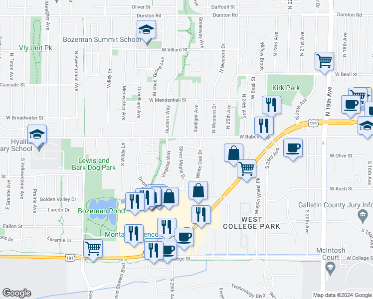 map of restaurants, bars, coffee shops, grocery stores, and more near 2742 Crab Tree Street in Bozeman