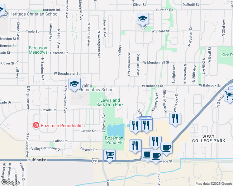 map of restaurants, bars, coffee shops, grocery stores, and more near 104 Pond Row in Bozeman