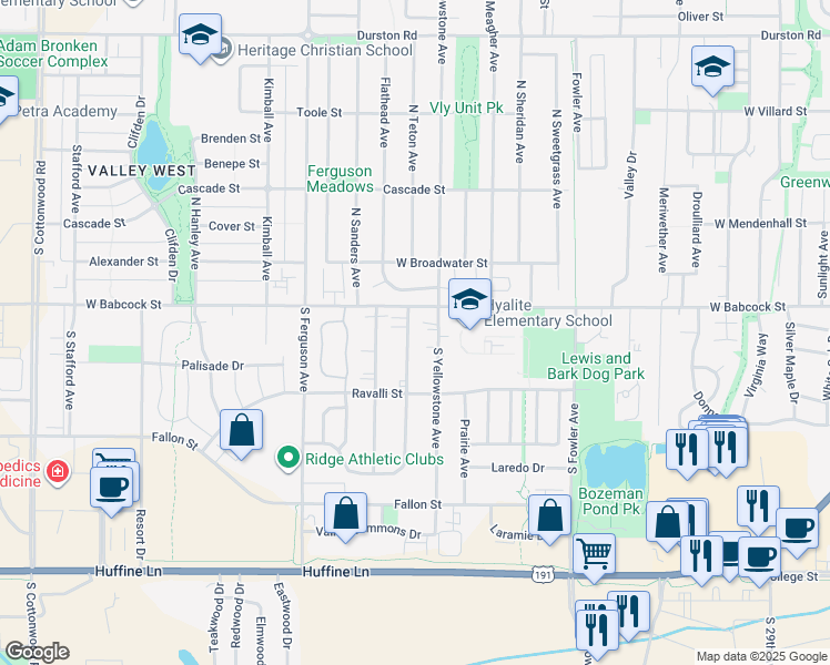 map of restaurants, bars, coffee shops, grocery stores, and more near 105 East Granite Avenue in Bozeman