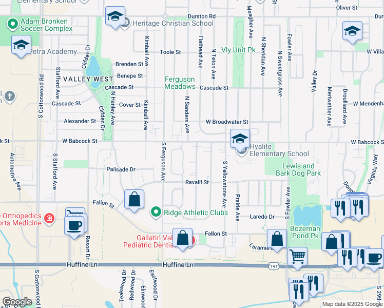 map of restaurants, bars, coffee shops, grocery stores, and more near 103 North Pondera Avenue in Bozeman