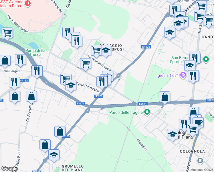 map of restaurants, bars, coffee shops, grocery stores, and more near 3 Via per Grumello in Bergamo