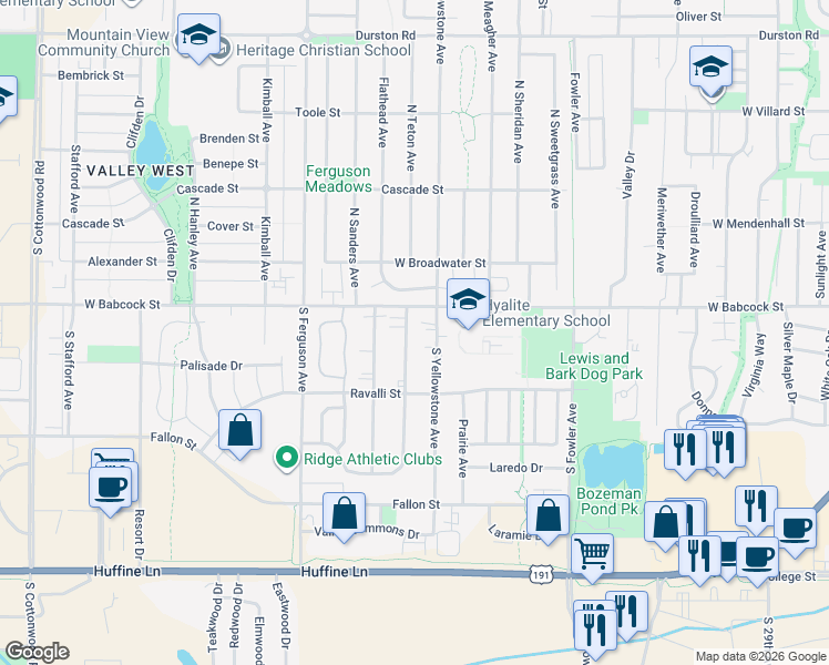 map of restaurants, bars, coffee shops, grocery stores, and more near 105 East Granite Avenue in Bozeman