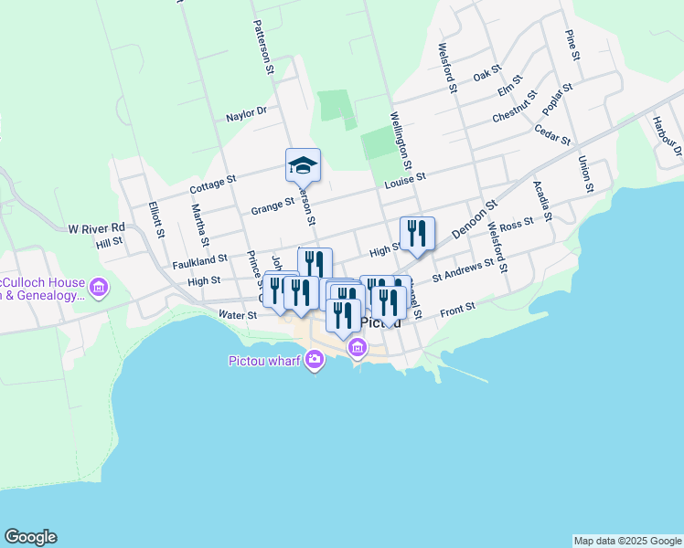 map of restaurants, bars, coffee shops, grocery stores, and more near 21 Constitution Street in Pictou