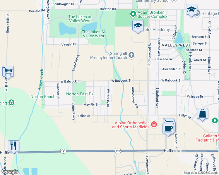 map of restaurants, bars, coffee shops, grocery stores, and more near 120 Water Lily Drive in Bozeman