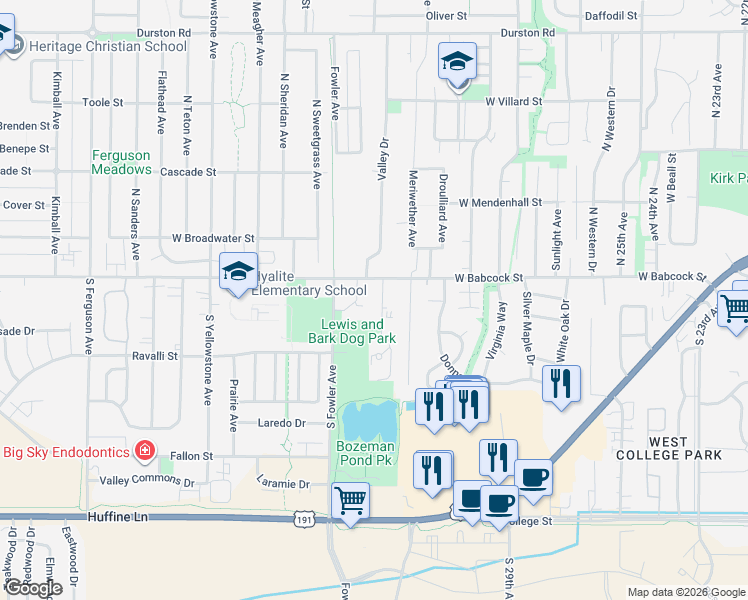 map of restaurants, bars, coffee shops, grocery stores, and more near 104 Pond Row in Bozeman