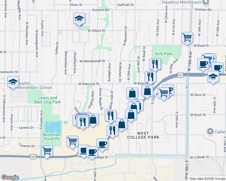 map of restaurants, bars, coffee shops, grocery stores, and more near 2701 Crab Tree Street in Bozeman