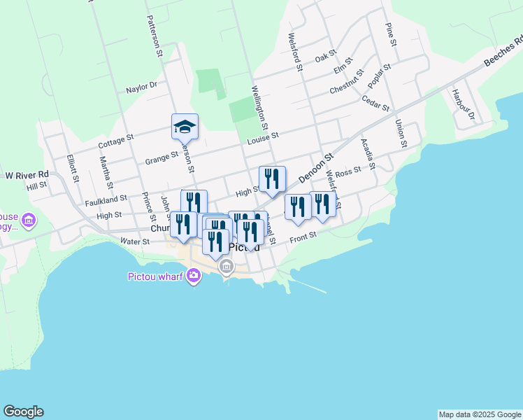 map of restaurants, bars, coffee shops, grocery stores, and more near 47 Denoon Street in Pictou
