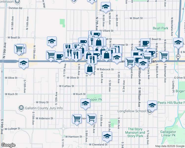 map of restaurants, bars, coffee shops, grocery stores, and more near 622 West Babcock Street in Bozeman