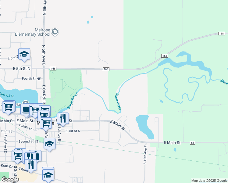 map of restaurants, bars, coffee shops, grocery stores, and more near 32999 County Road 168 in Melrose