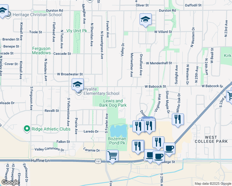 map of restaurants, bars, coffee shops, grocery stores, and more near 3310 West Babcock Street in Bozeman