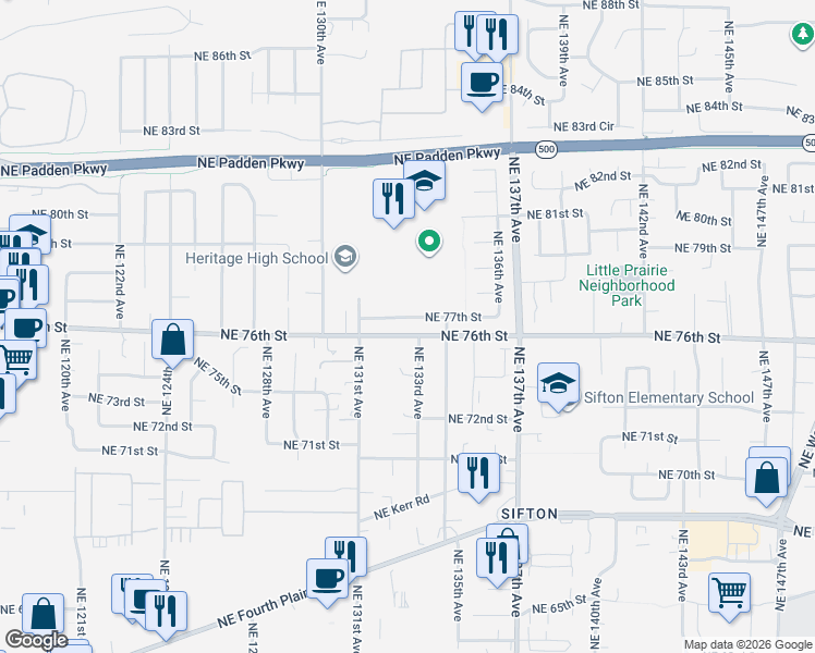map of restaurants, bars, coffee shops, grocery stores, and more near 13208 Northeast 76th Way in Vancouver