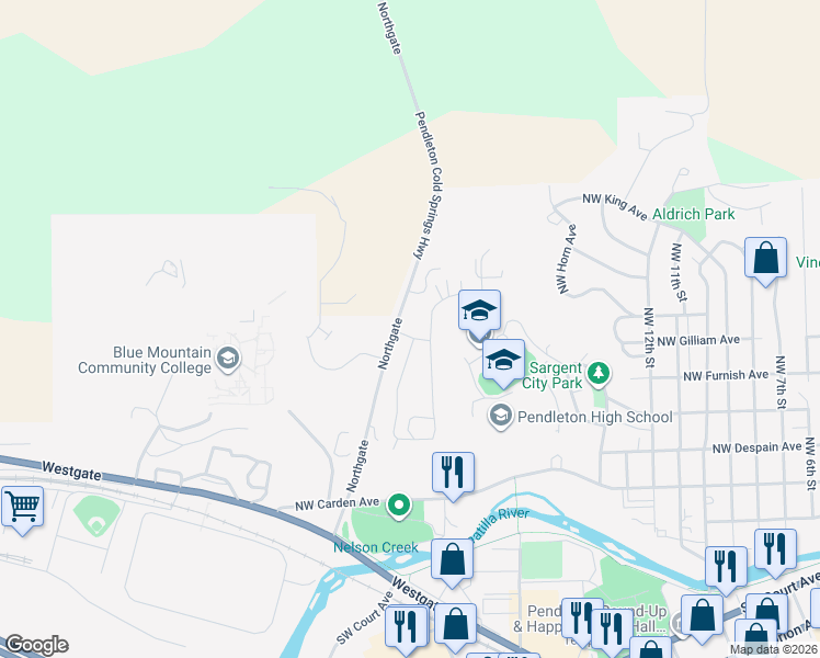 map of restaurants, bars, coffee shops, grocery stores, and more near 2175 Northwest Gilliam Avenue in Pendleton