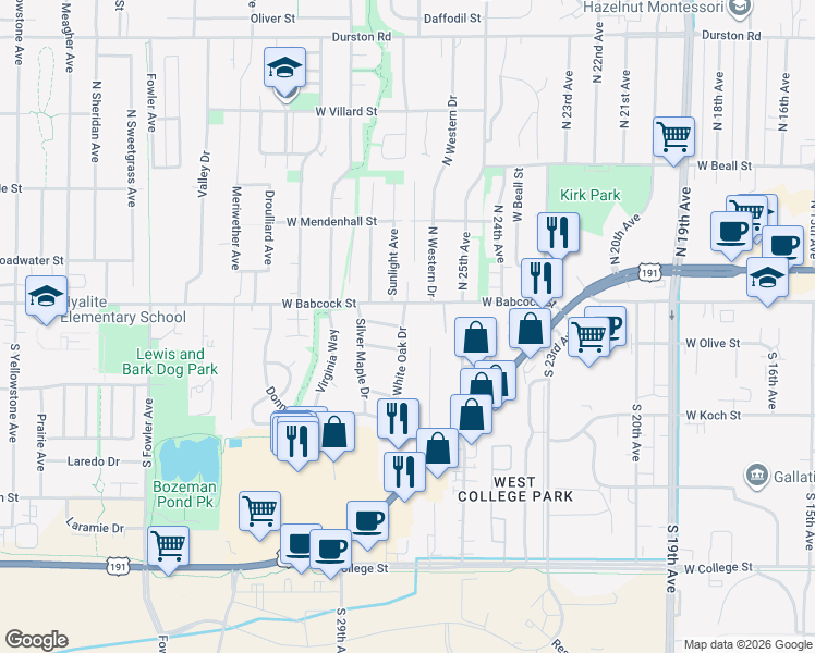 map of restaurants, bars, coffee shops, grocery stores, and more near 110 White Oak Drive in Bozeman