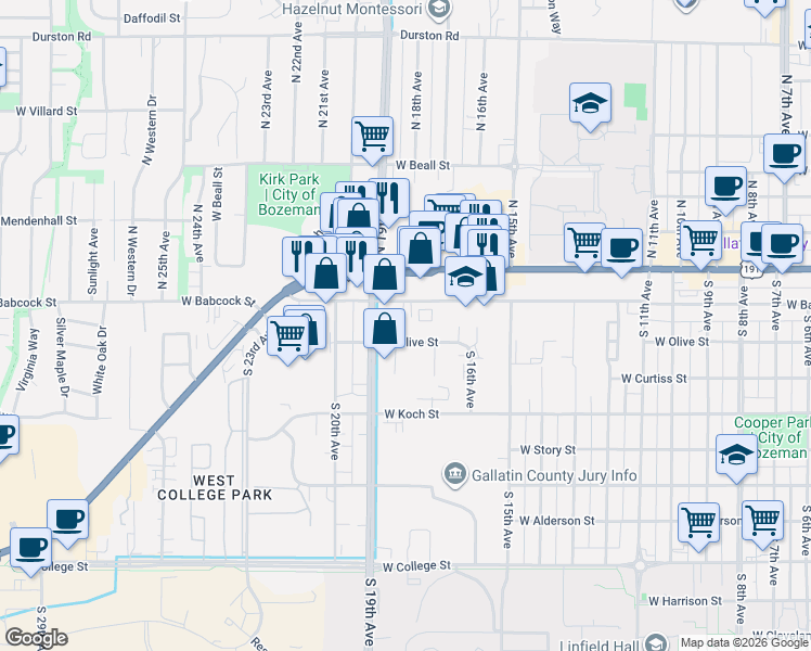 map of restaurants, bars, coffee shops, grocery stores, and more near 1801 West Olive Street in Bozeman