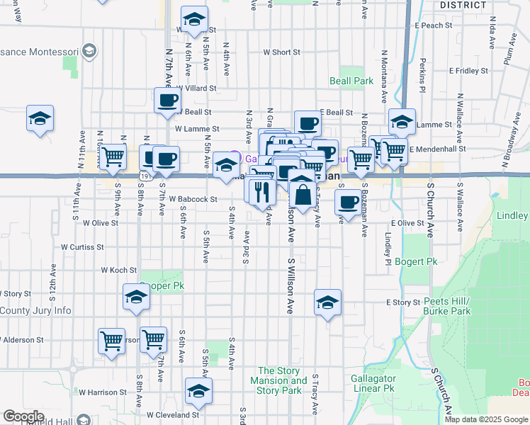 map of restaurants, bars, coffee shops, grocery stores, and more near 111 South Grand Avenue in Bozeman