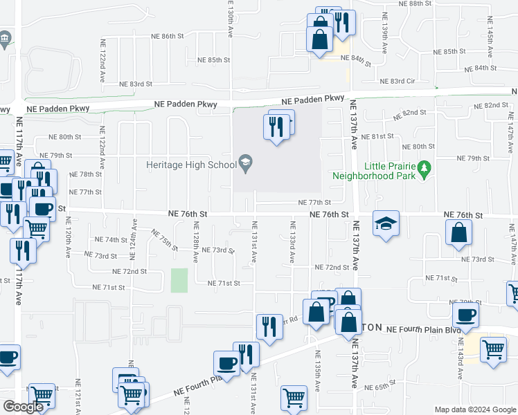 map of restaurants, bars, coffee shops, grocery stores, and more near 9805 Northeast 76th Way in Vancouver