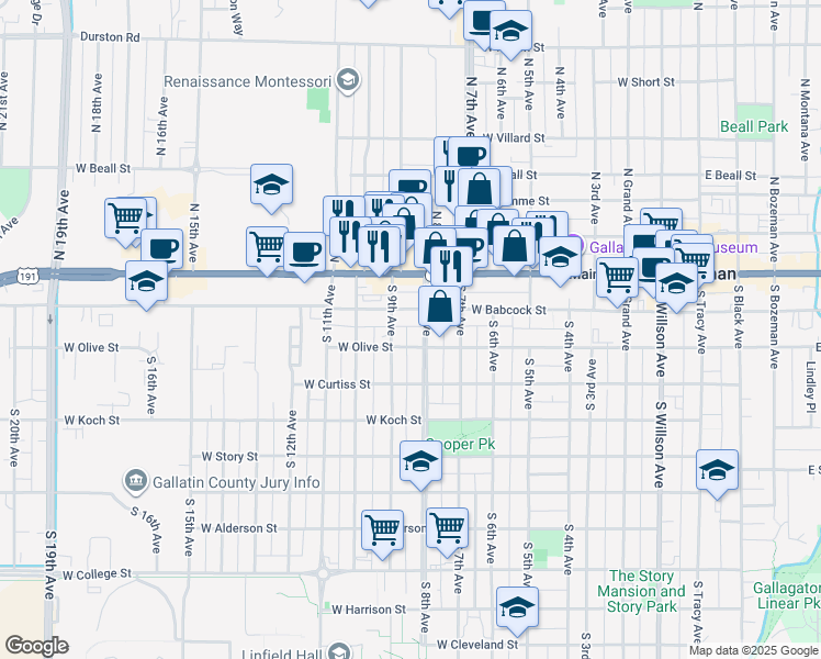 map of restaurants, bars, coffee shops, grocery stores, and more near 103 South 8th Avenue in Bozeman