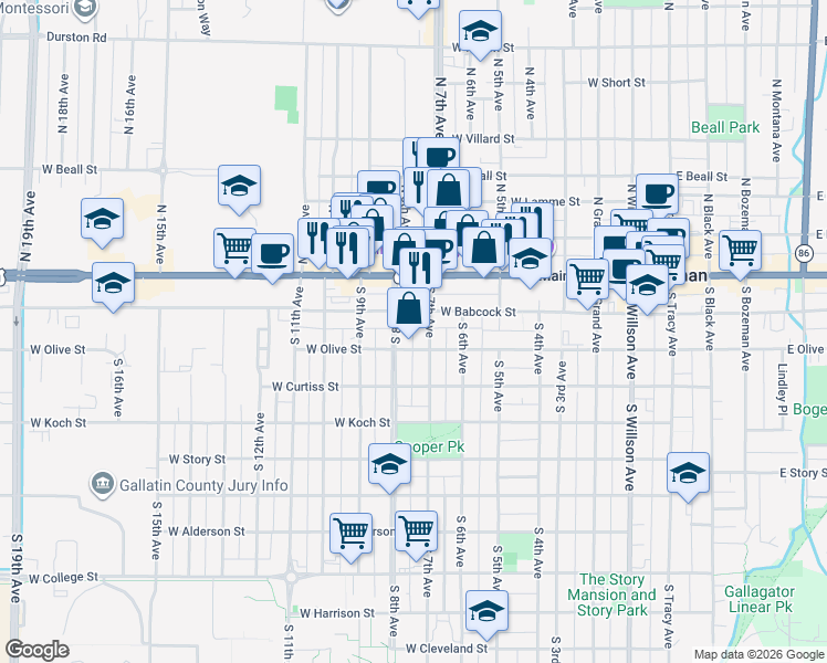map of restaurants, bars, coffee shops, grocery stores, and more near 622 West Babcock Street in Bozeman