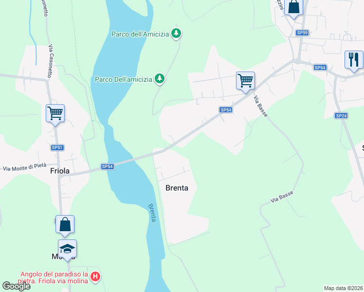map of restaurants, bars, coffee shops, grocery stores, and more near 60 Viale Brenta in Provincia di Vicenza
