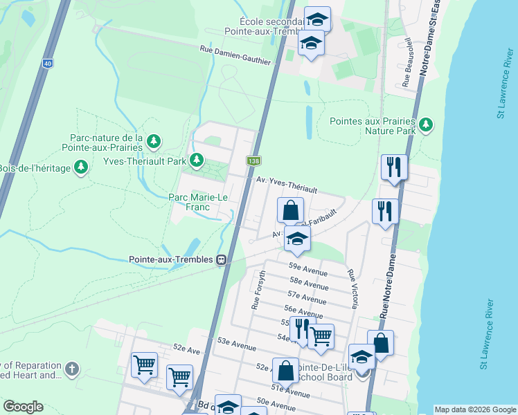 map of restaurants, bars, coffee shops, grocery stores, and more near 14603 Rue Serge-Deyglun in Montréal