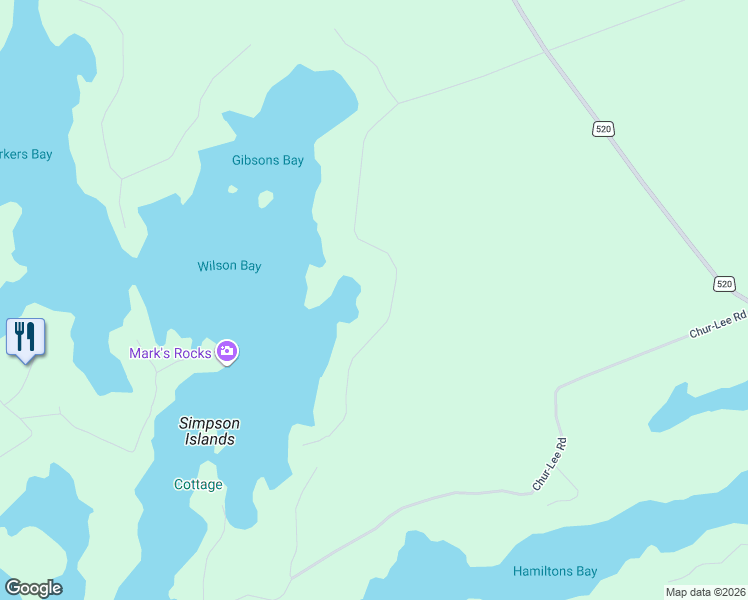 map of restaurants, bars, coffee shops, grocery stores, and more near Gibson Bay Road in Parry Sound District