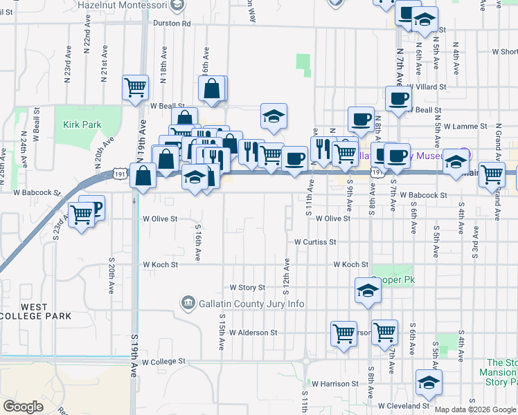 map of restaurants, bars, coffee shops, grocery stores, and more near 1328 West Babcock Street in Bozeman