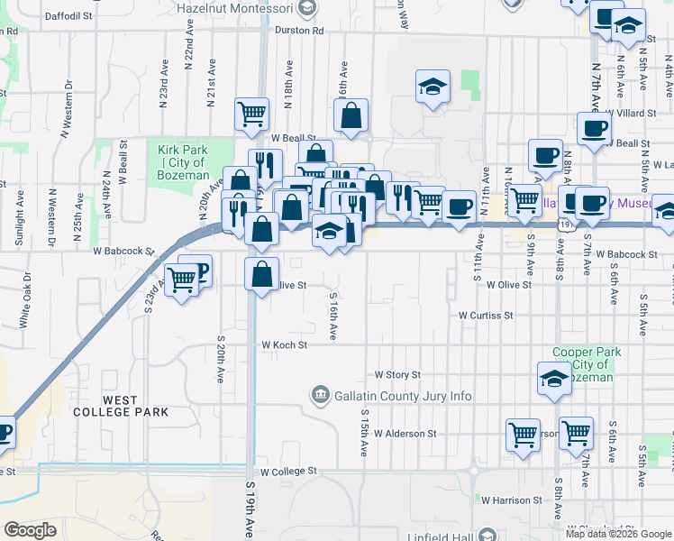 map of restaurants, bars, coffee shops, grocery stores, and more near 1612 West Babcock Street in Bozeman