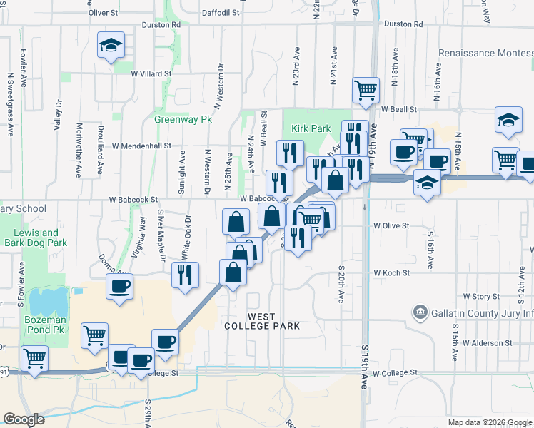 map of restaurants, bars, coffee shops, grocery stores, and more near 2320 West Babcock Street in Bozeman