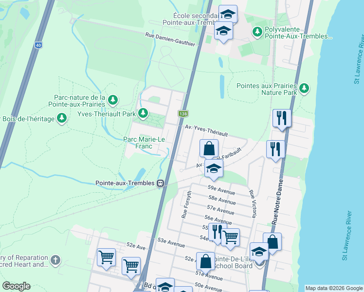map of restaurants, bars, coffee shops, grocery stores, and more near 14600 Rue Sherbrooke Est in Montréal