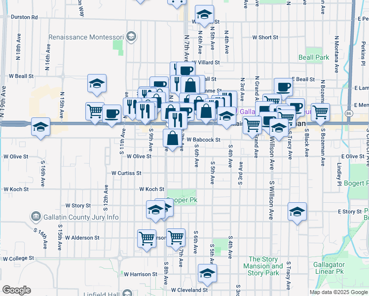 map of restaurants, bars, coffee shops, grocery stores, and more near 114 South 7th Avenue in Bozeman