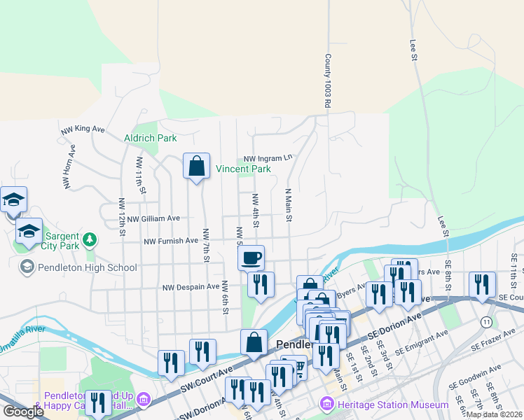 map of restaurants, bars, coffee shops, grocery stores, and more near 311 Northwest Gilliam Avenue in Pendleton