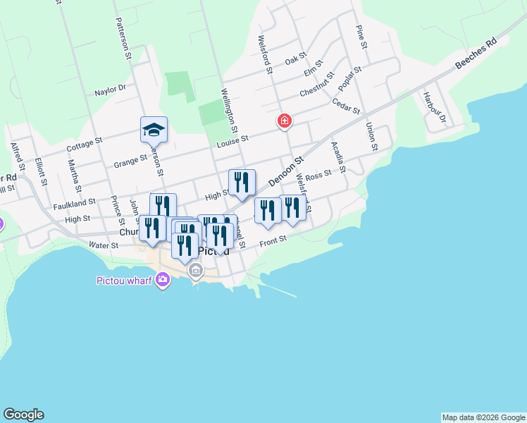 map of restaurants, bars, coffee shops, grocery stores, and more near 88 Saint Andrews Street in Pictou