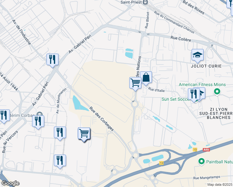 map of restaurants, bars, coffee shops, grocery stores, and more near Boulevard des Nations in Corbas